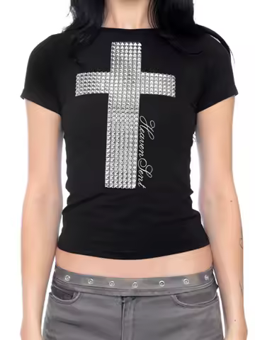 Camiseta Retro Y2K para Mujer 2026, Estilo Hot Girl, Adornada con Pedrería Cruzada, Corte Ajustado, Manga Corta, Nueva Moda Urbana