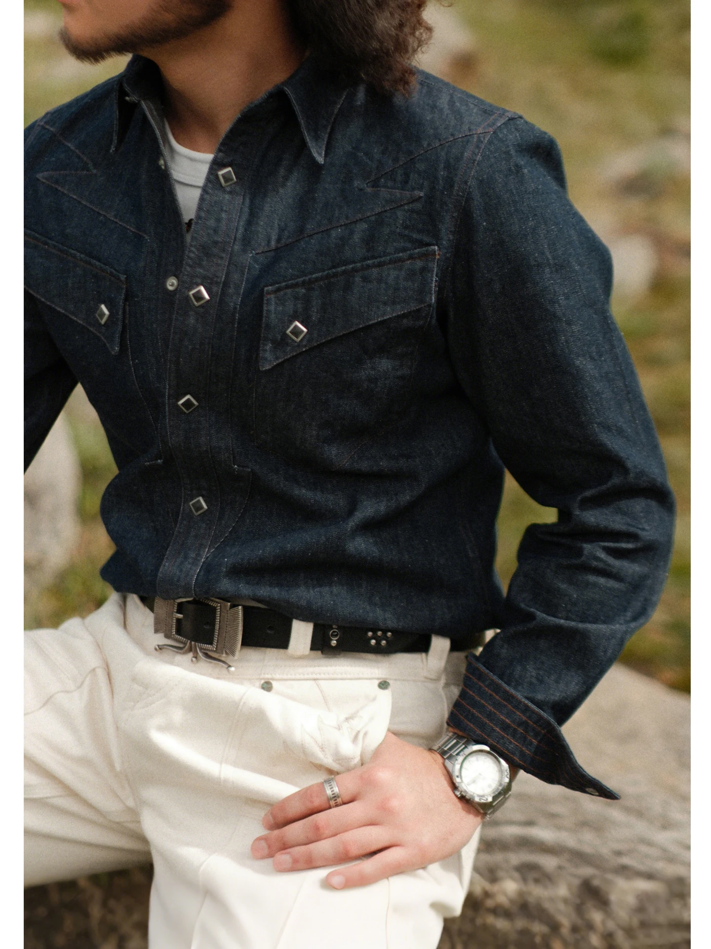 

Waed Indigo Denim Western irt Stand Fit Jeans Cotton Long Sve Youthful Vintage Sle Wear Resistant Western Series