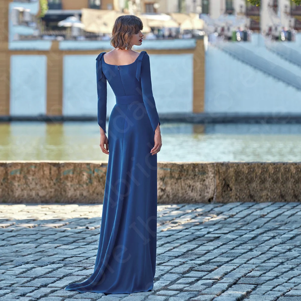 Vestido azul royal com cinto para a mãe da noiva, vestido de manga comprida, gola quadrada, vestido de festa de casamento simples e moderno, 2024