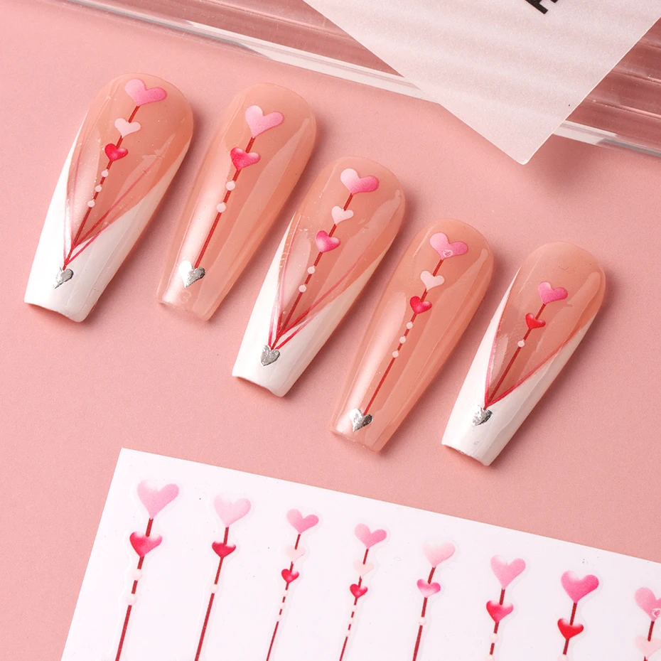 Ensemble d'autocollants pour ongles en forme de cœur, décalcomanies pour ongles en forme de cœur, ligne rouge et rose, modèles d'ongles auto-adhésifs romantiques pour femmes et s, accessoires pour ongles