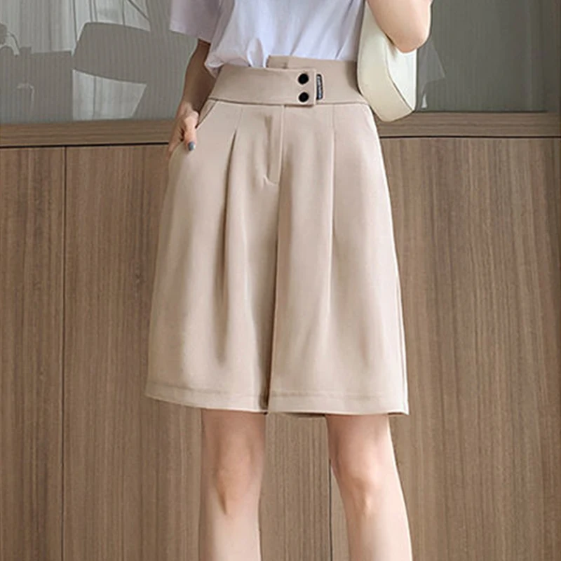 Summer New Korean High Waisted Thin Suit Shorts Women\'s Solid Zipper Button Pockets Loose Casual Fashion Simple Wide Leg Shorts