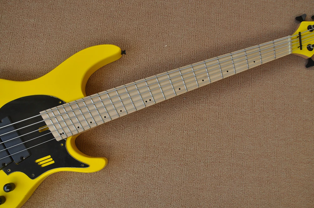 5 Strings Yellow Electric Bass with Slanted Frets,Active Circuit,Maple Fretboard,Customizable