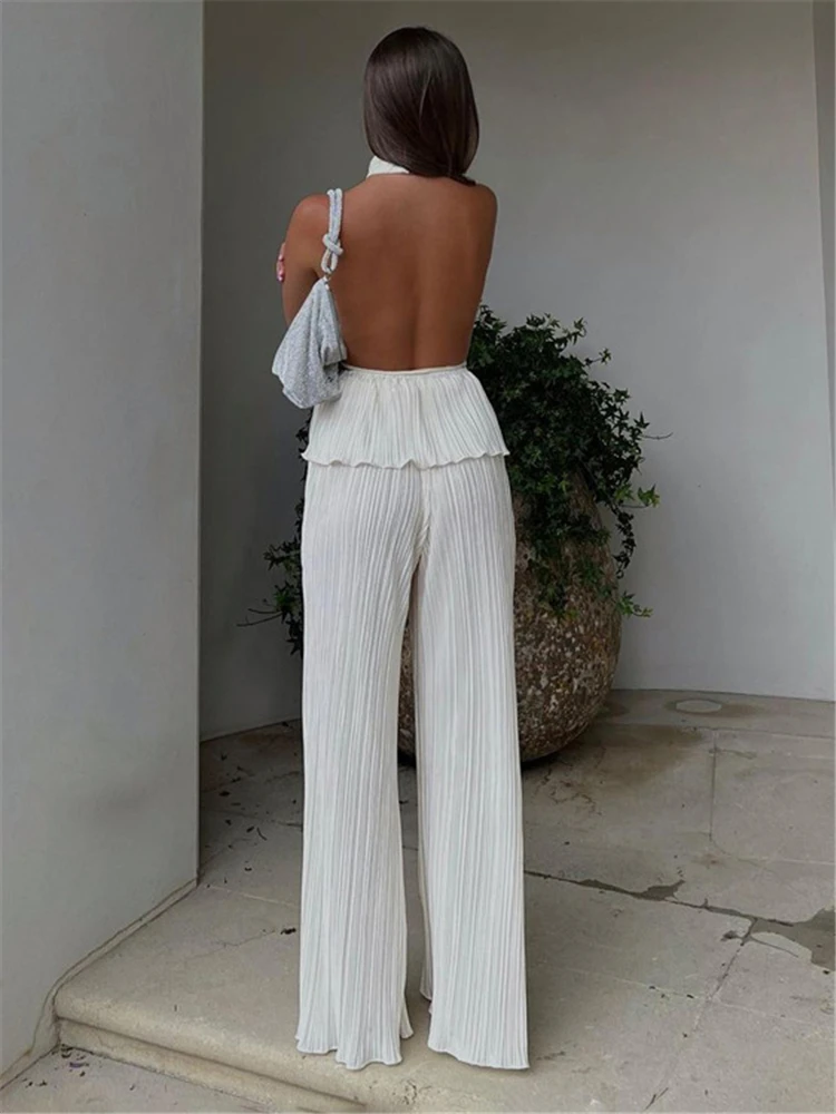 

New Women Summer Casual Loose Halter Two Piece Sets Suit High Waist Pants Set Ladies Elegant Ruched Travel Holiday Outfits