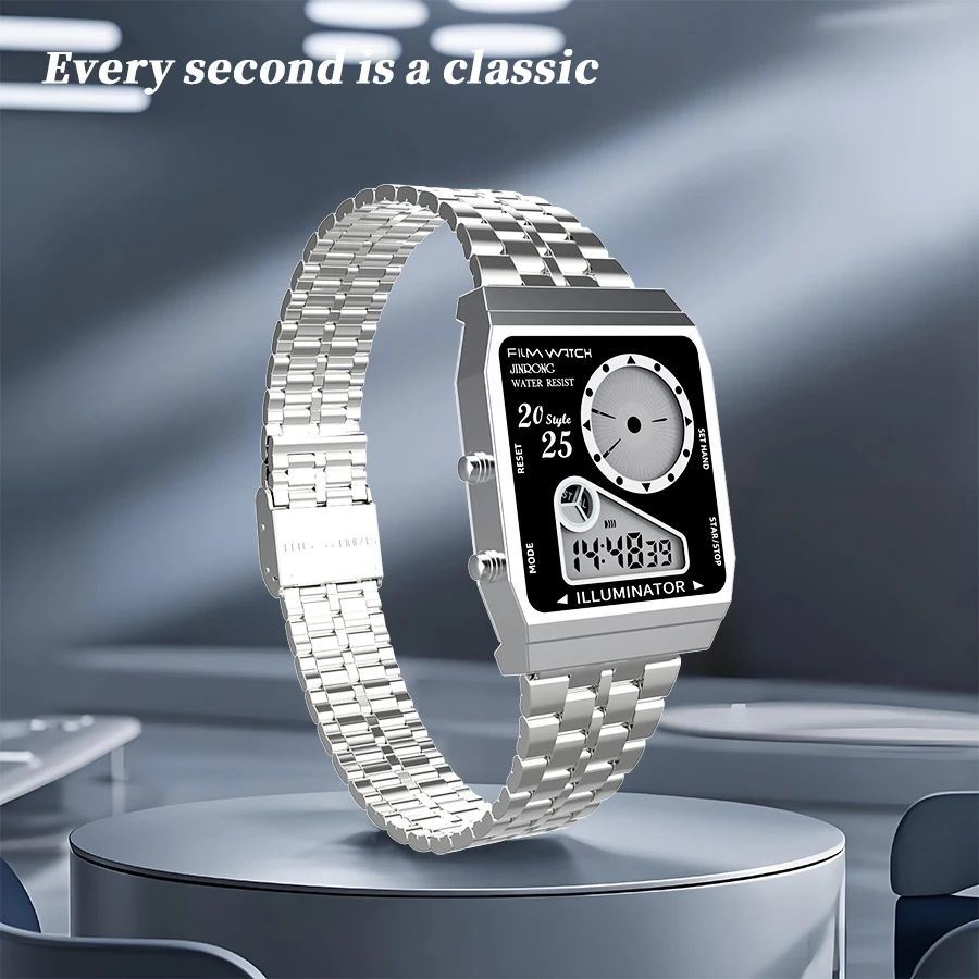 2025 ساعة رياضية عصرية للرجال ذات عرض مزدوج مقاومة للماء 30 متر حزام من الفولاذ المقاوم للصدأ كرونوغراف إنذار عرض الأسبوع والتاريخ