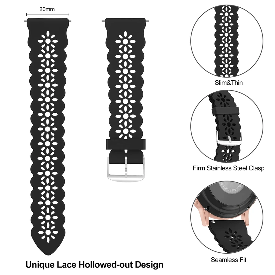 20MM 22MM Plum Bossom Hollow Out Design Silicone Strap for Samsung Galaxy Active 2 Smart Watchband for  Galaxy Watch 4 classic 4