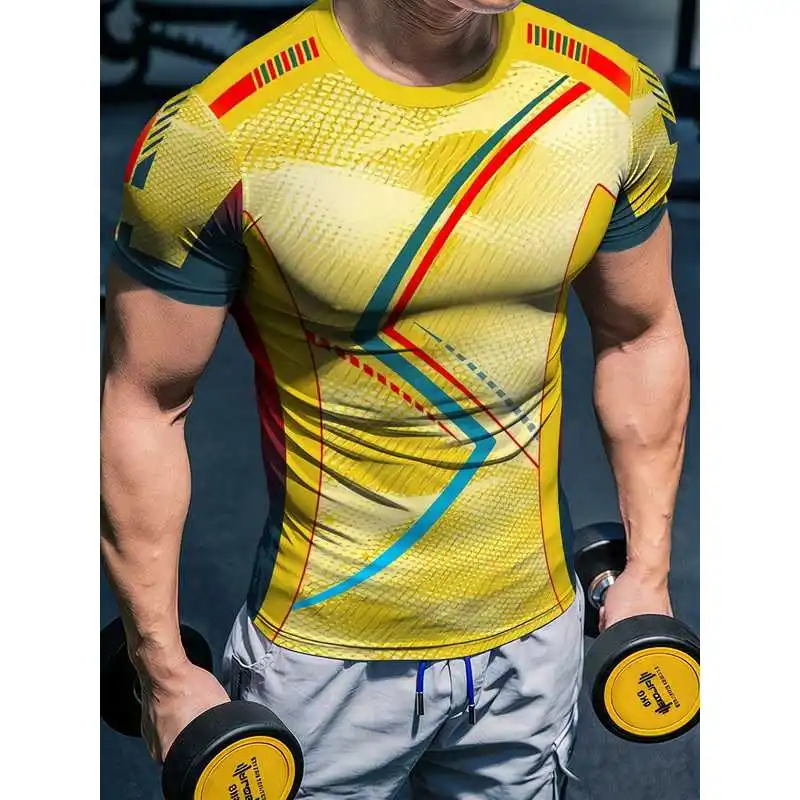 Men's High-Elasticity Quick-Dry Yellow Mesh Fitness Short SleeveTRed and blue diagonal striped sports shirt