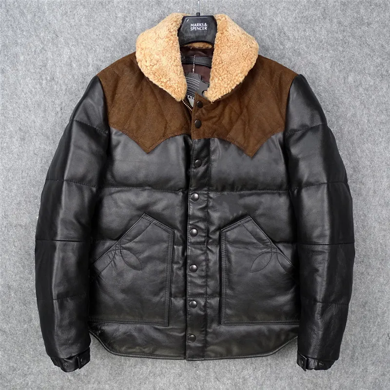 Echtes Leder Herren Daunenjacke Eepskin Kragen Patchwork Busin Casual Sle Reißverschluss Youth Fit Ledermantel