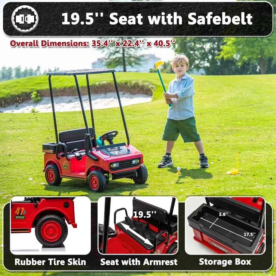 リモコン付きゴルフカート、2人乗り、男の子と女の子向けの乗用玩具、12Vバッテリー駆動の電動車両、プラスチック製の屋根付き