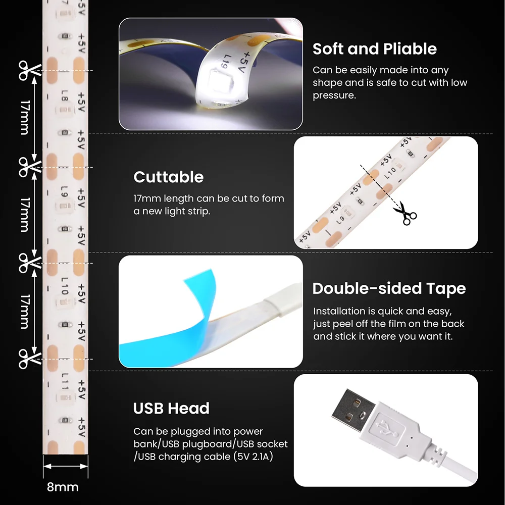 Flexível LED Strip Light com DC Plug, Luzes do armário, Night TV Backlight, 5V USB, 3528 SMD, 60 LEDs, 0,5 m, 1m, 2m, 5m