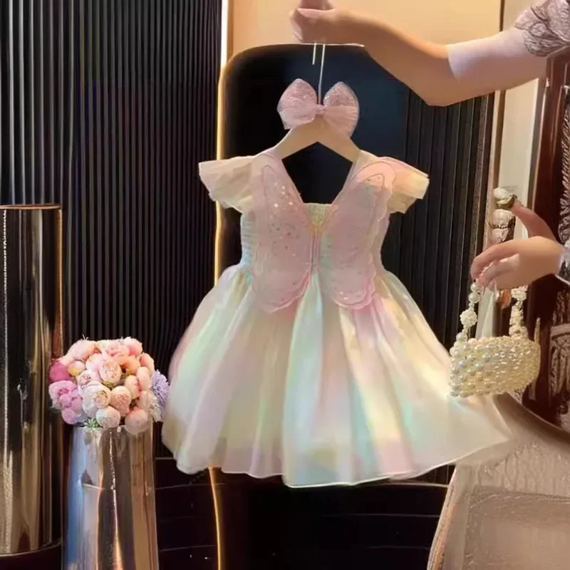 Summer New Girl Dress Colorful Rainbow Winged Princess Dress Flower Girl Dresses for Weddings Girls Kids Party Prom Dresses4-12T