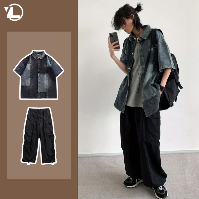 Mens Summer Street Set Color Block Washed Half Sleeved Denim Shirt+Japanese Drawstring Cargo Pants 2-piece Fashion Casual Suit