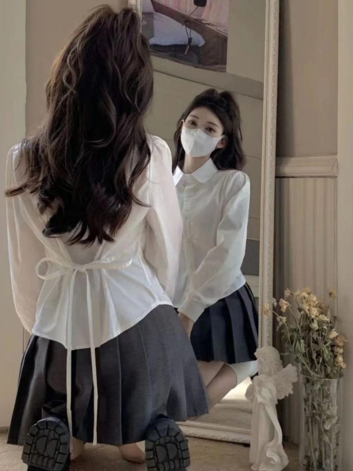 

Sweet And Spicy Long Sleeve White Shirt Women's Spring Autumn Waist Cinched Slimming Uniform Design Fashionable Top