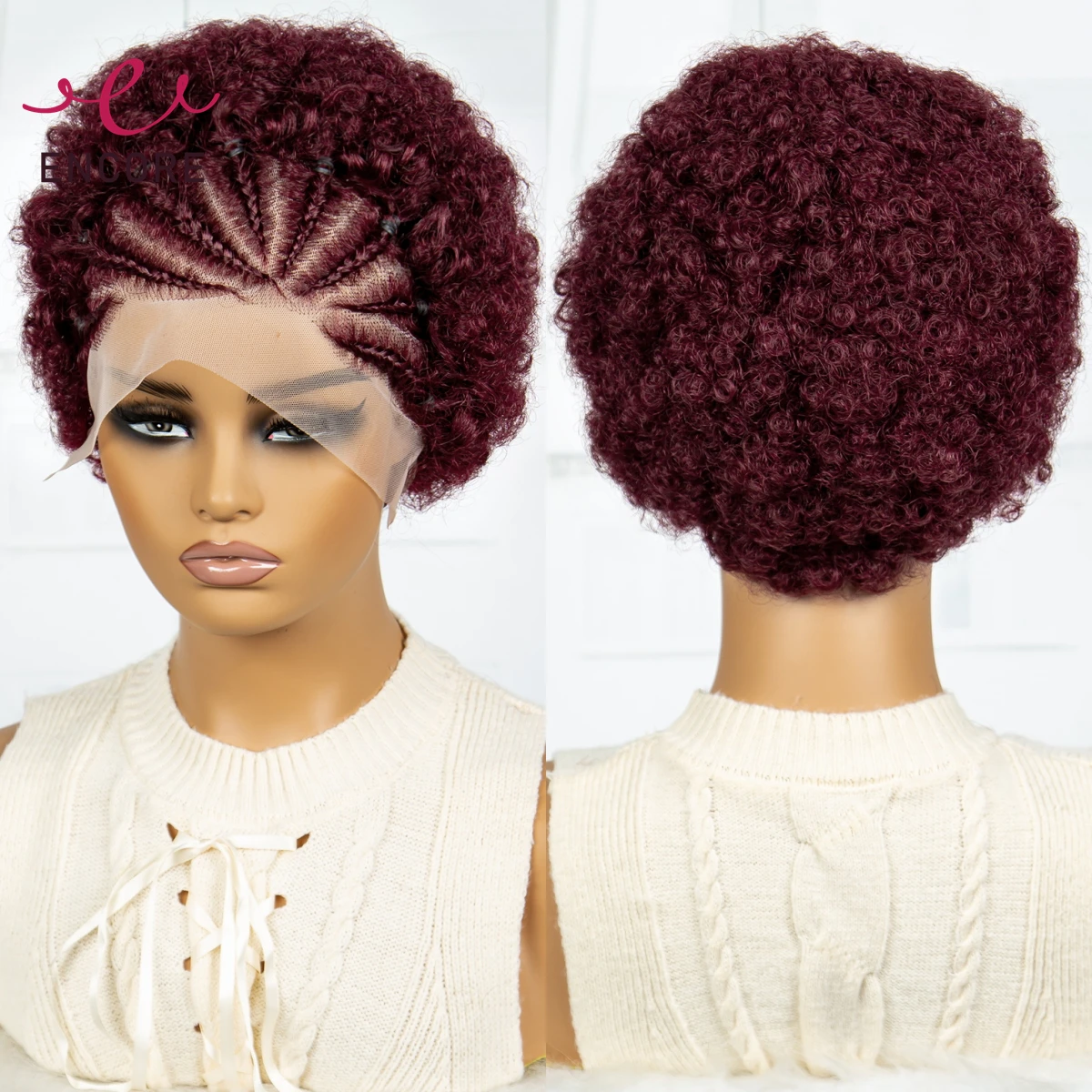 

Burgundy 6 Inches Transparent 13x4 Lace Frontal Wigs Afro Kinky Curly Short Curly Bob Wigs 200% Density Remy Human Hair Wigs