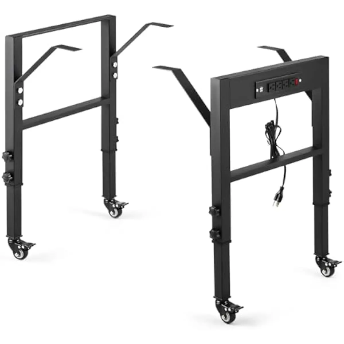 Adjustable-height 19.6-inch-deep metal workbench frame with ETL-certified 4-outlet 2-USB power module, lockable casters, 1000-lb