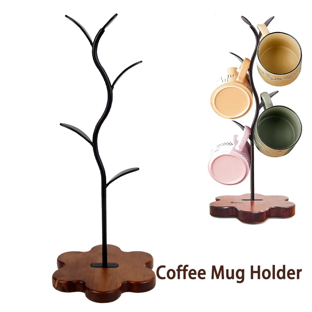 

Coffee Mug Holder Tree Shape Wood Coffee Tea Cup Storage Stand Drinkware Shelf With 5 Hooks Multipurpose Cup Holder for Kitchen