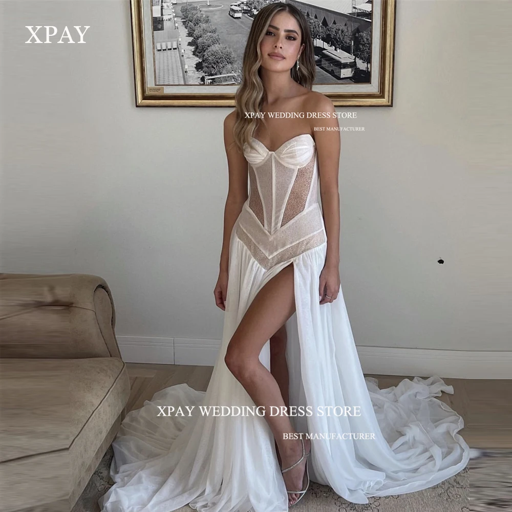 XPAY-vestidos de novia de línea A con escote en forma de corazón, vestidos de novia de seda de gasa con abertura, tren de barrido bohemio, vestidos de novia modernos para playa