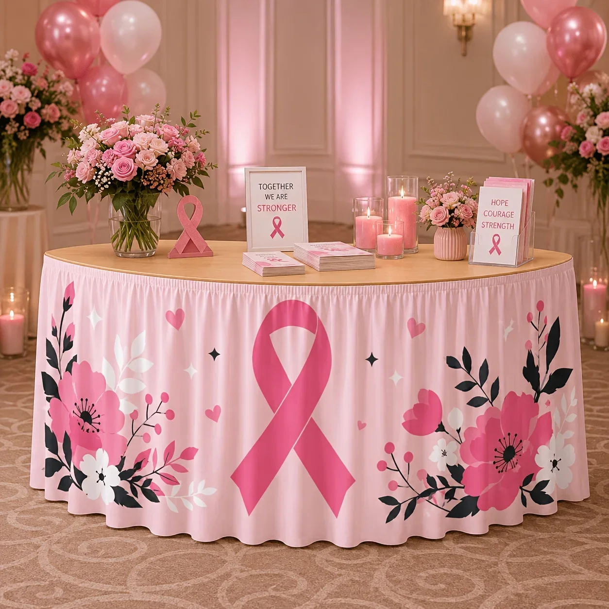 One tablecloth or table skirt. Breast cancer awareness theme table skirt. Pink ribbon.xzj