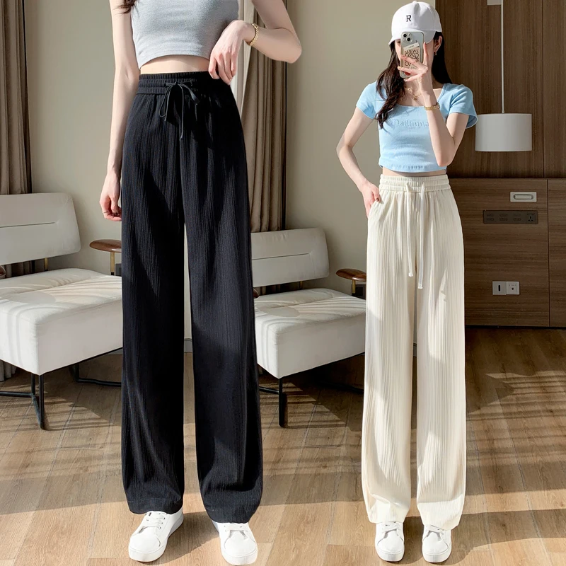 

Wide Leg Pant Loose Women High Waist Thin Pantalones Straight Sweatpants Summer Ice Slik Pants Soft Trousers Vertical Stripe