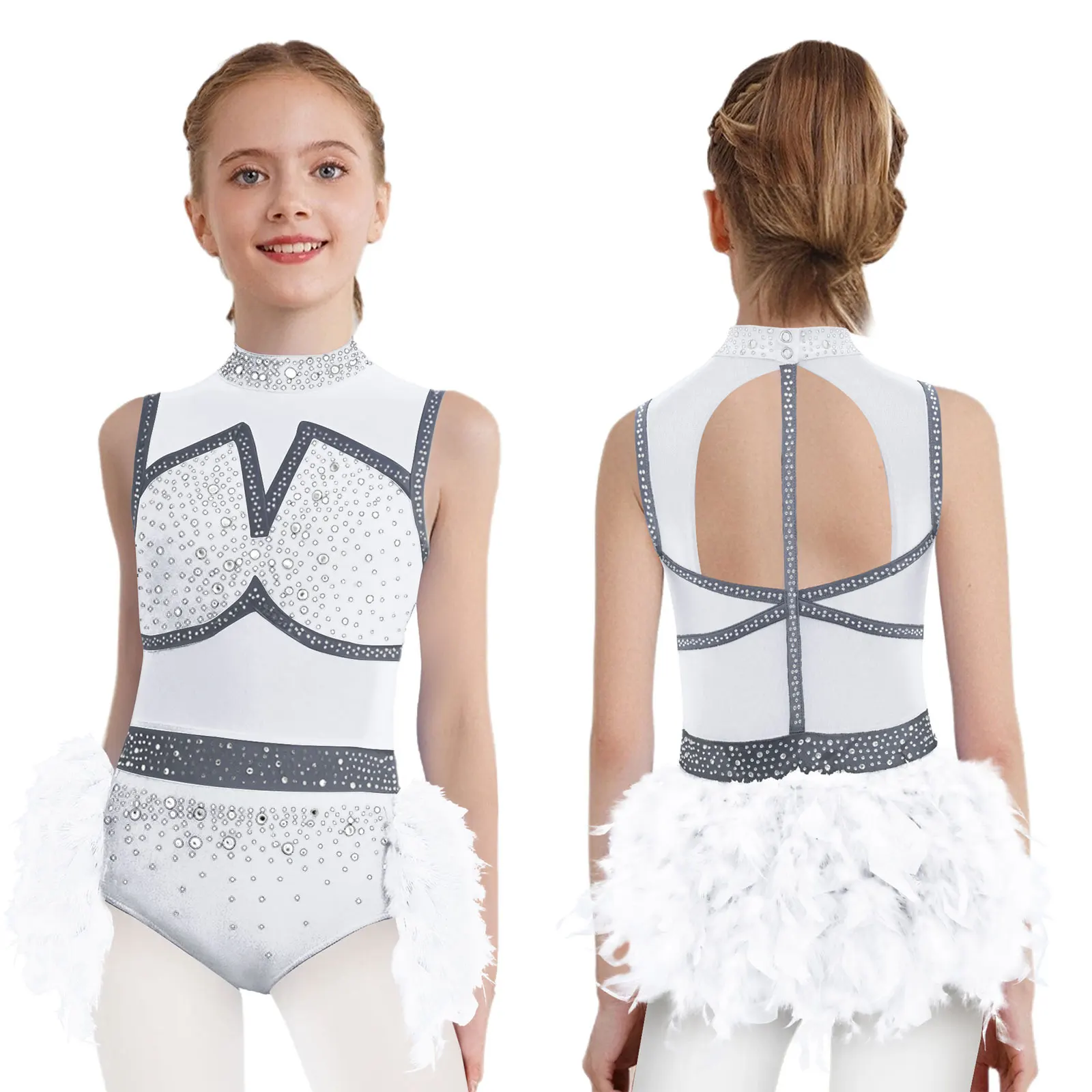 

Sleeveless Jazz Latin Dance Bodysuit Ballet Figure Skating Costume Shiny Rhinestones Leotard with Feather Skirt for Kids Girls
