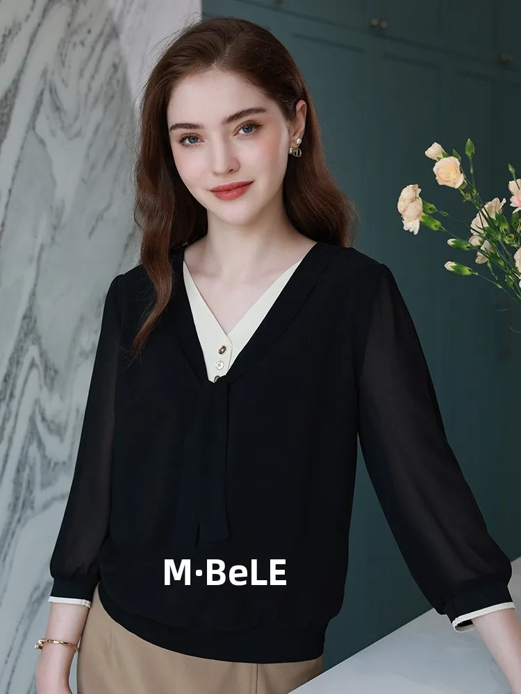 Vintage Style Shawl Collar Three-Quarter Sleeve V-Neck Tie-Detail Chiffon Blouse Women's Spring Fashion Elegant Casual Shirt