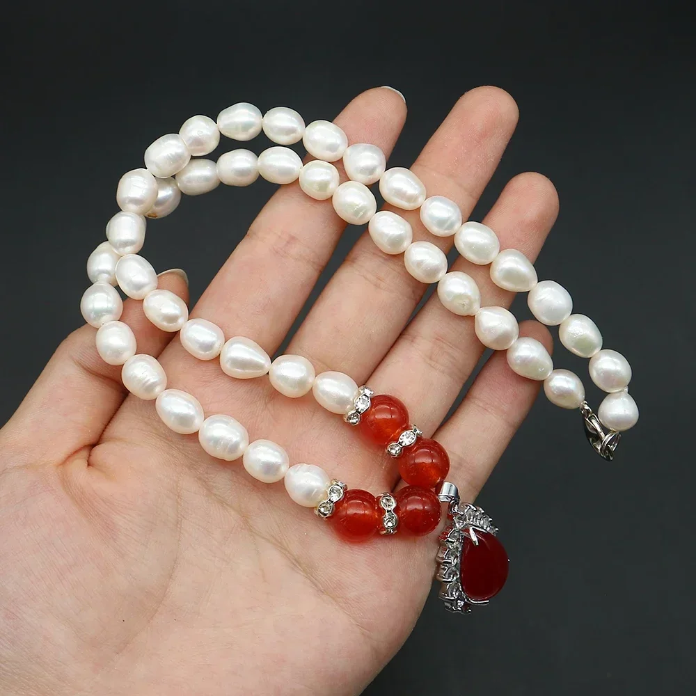Light Luxury Natural Freshwater White Pearl Necklace with Exquisite Red Teardrop-shaped Natural Stone Jewelry Gift Accessory