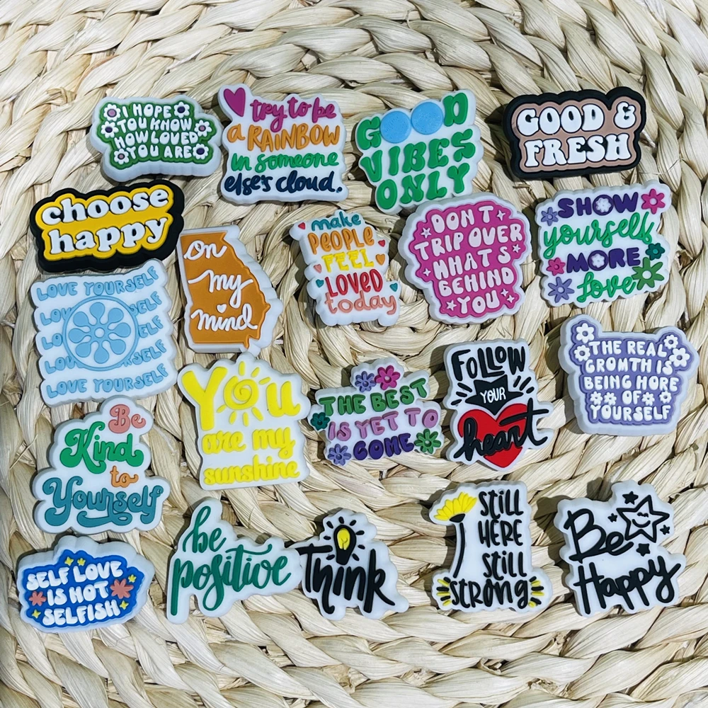 

1-20pcs Follow Your Heart Be Positive Shoes Button Charms Kids English Phrases Sandals Decorations Fit Birthday Gift