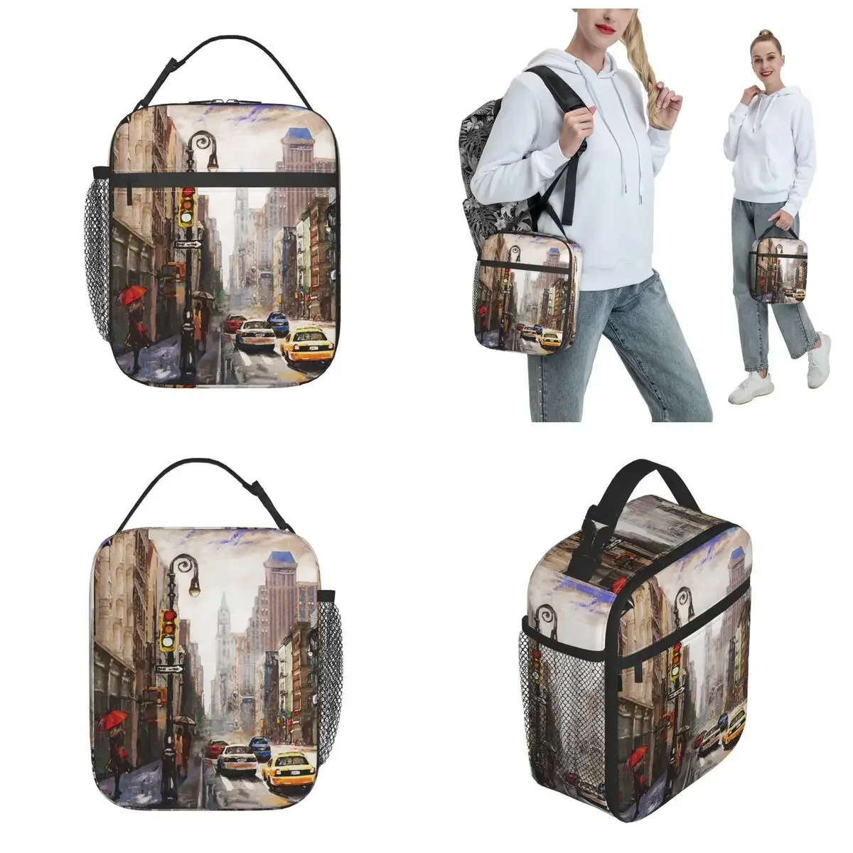 Oil Painting Street View Of New York Insulated Lunch Tote Bag Yellow Taxi Modern Artwork American City Lunch Bento Box Picnic