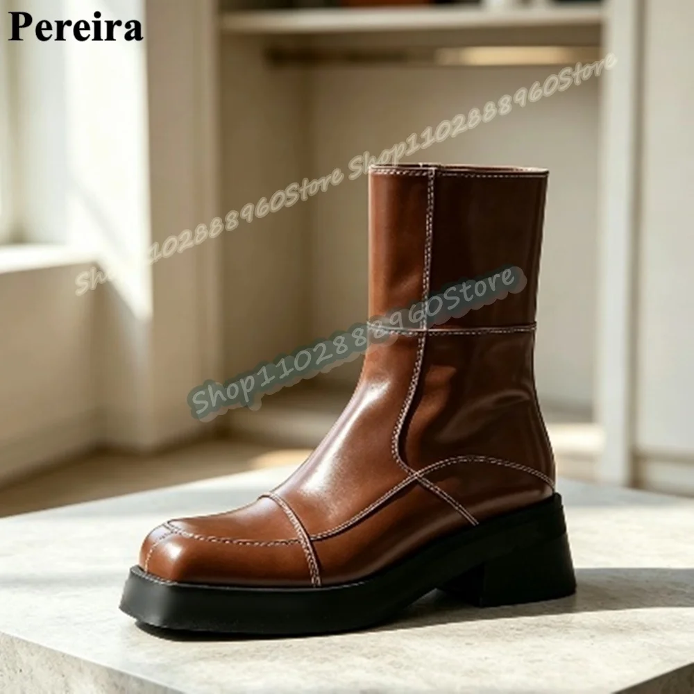 British Style Mid Calf Brown Matte Leather Boots Shoes For Women Side Zipper Runway Casual Party Shoes 2026 Zapatos Para Mujer