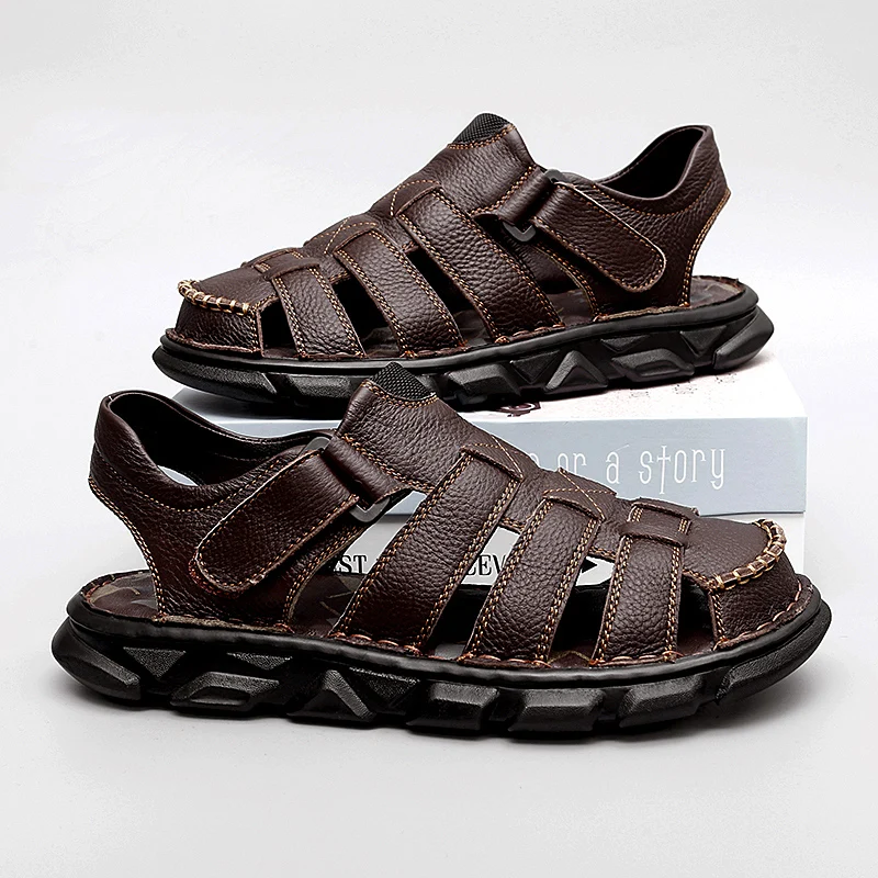 Summer Men Roman Sandals Genuine Leather Mens Casual Shoes Outdoor Men Leather Sandals for Men Beach Shoes Plus Size 38-48