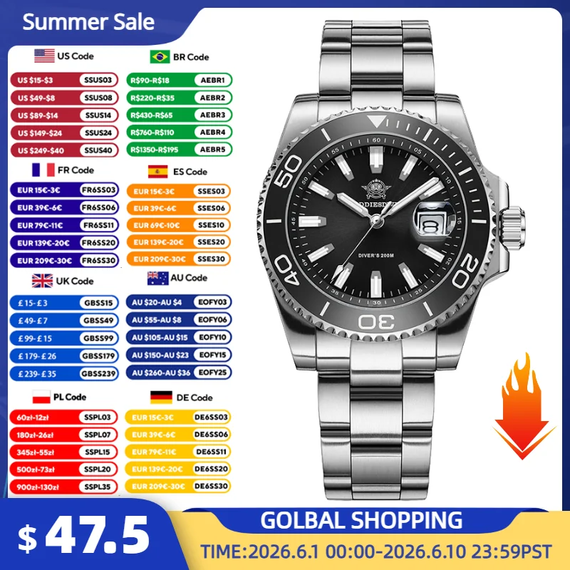 

ADDIESDIVE 41mm Men's Quartz Dive Watch 200m Waterproof Super Luminous Wristwatch Ceramic Bezel Calendar 316L Steel Watches Male