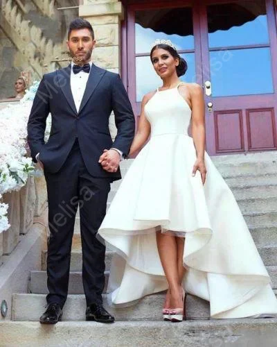 

Customized Charming Sleeveless High Low Wedding Gown For Bride 2025 Satin Vestido De Noiva