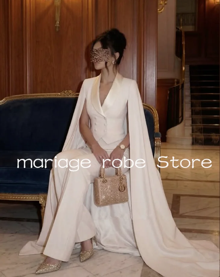 Two Pieces Long Evening Formal Dresses with Flowing Cape Wide Trousers Arabic Bespoke Prom Party Gala Gown Customized