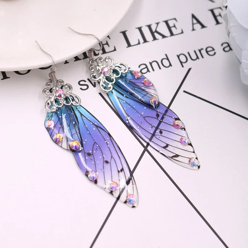 Handmade Fairy Simulation Wing Earrings Insect Butterfly Wing Drop Earrings Foil Rhinestone Earrings Romantic Bridal Jewelry