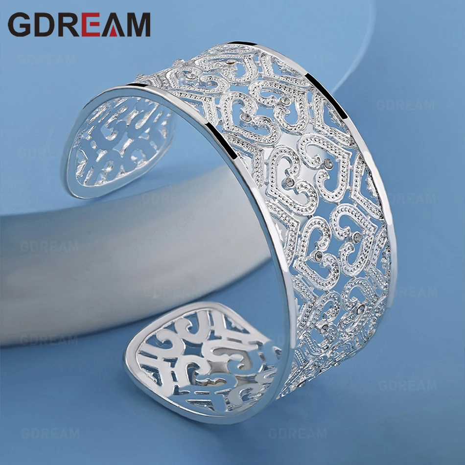 

GDREAM 925 Sterling Silver Openwork Heart-Shaped Bangle - Everyday Accessory For Women, Simple And Elegant Jewelry