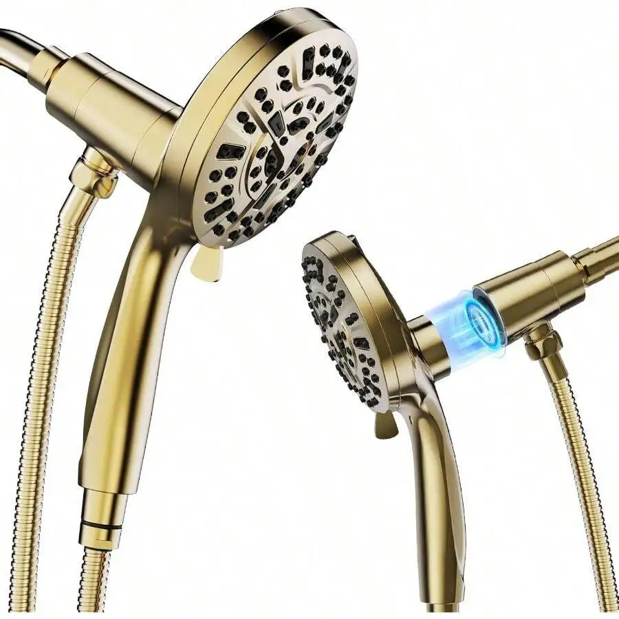 High Pressure 10 Ways Handheld Shower Head Brushed Gold- Anti-Clog Nozzles, Built-In Power Wash To Clean Tub, Wall & Overhead Br