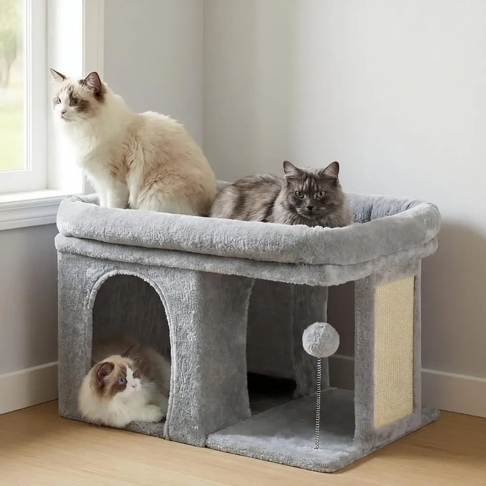 

14 inch Cat Tower with Large Perch Bed and Cat Condo for Large Adult Cats, Cat House with Scratching Posts and Interactive Sprin