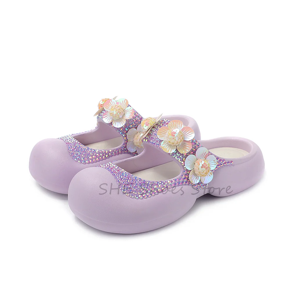 

Round Toe Chunky Bottom Women Mary Janes Sandals Bling Rhinestones Flowers Strap Shallow Slippers Outside Beach Ladies Shoes