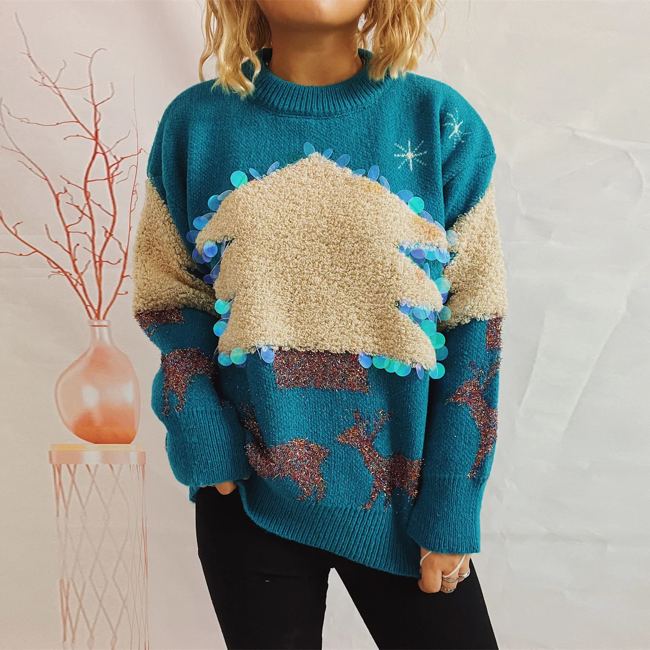 2023 Holiday Sweater Handmade Sequins Christmas Tree Little Deer Jacquard Thickened Pullover