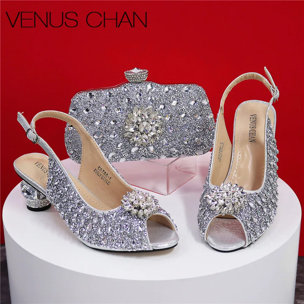 Silver Color Wedding Sandals for Women Bride Platform Round Heels Italian Full Drill Design Elegant Shoes and Bag Matching Set