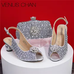 Silver Color Wedding Sandals for Women Bride Platform Round Heels Italian Full Drill Design Elegant Shoes and Bag Matching Set