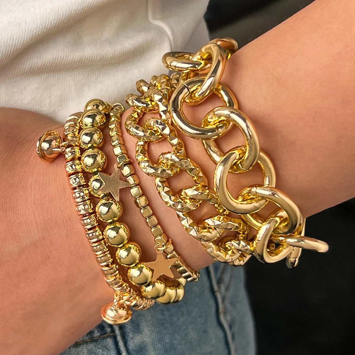 European and American Golden Multi-Layer Set Bracelets, Thick Chain Star and Round Bead Stackable Bangles