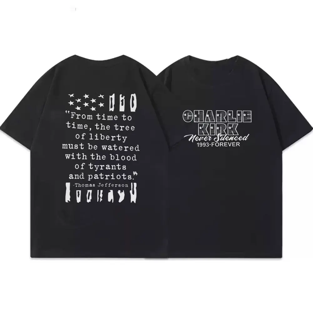 Charlie Kirk Shirt Patriotic American Flag in Memory of Tee R.I.P. Never Silenced Harajuku Streetwear Cotton O-neck Short-sleev