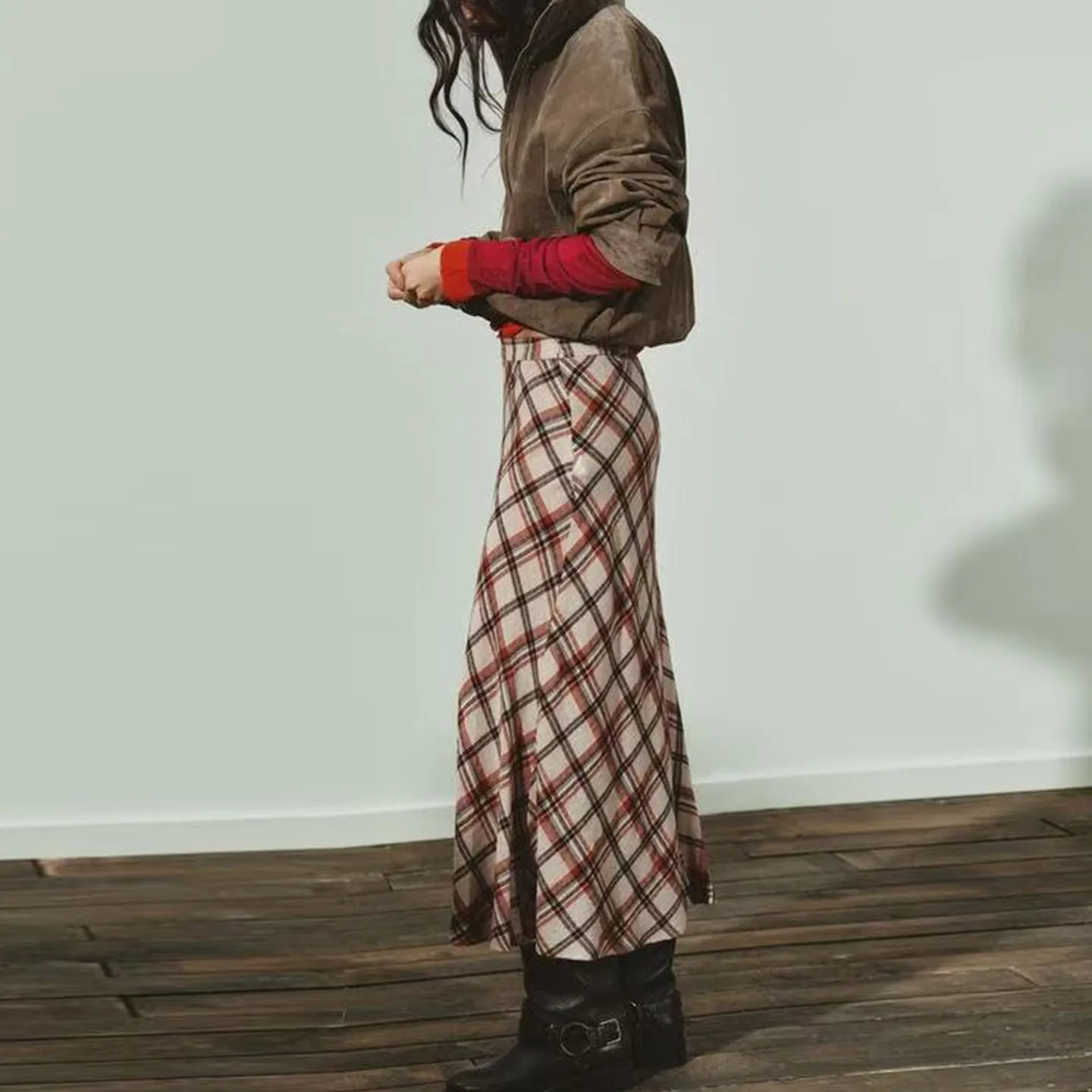 Z レディース ミディスカート 2025 新作 おしゃれ 多用途 エレガント チェック柄 ミッドウエスト ミディスカート 女性用 デイリーウェア その他素材