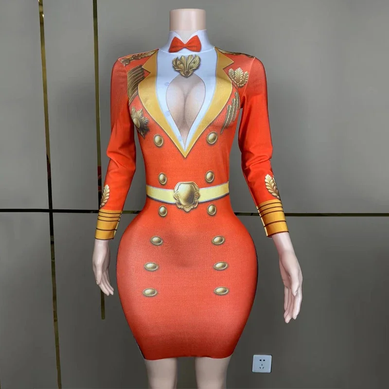 레트로 프린트 페이크 퍼스펙티브 바디수트 드레스 여성 파티 페스티벌 의상 할로윈 나이트클럽 DJ DS 고고 코스튬 레이브 웨어 6979