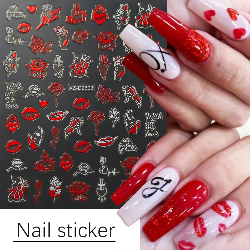 1pcs 3D Valentine's Series Nail Art Stickers Hot Red Lips Hearts Flowers Adhesive DIY Press on Nails Decals Gift For Girlfriends