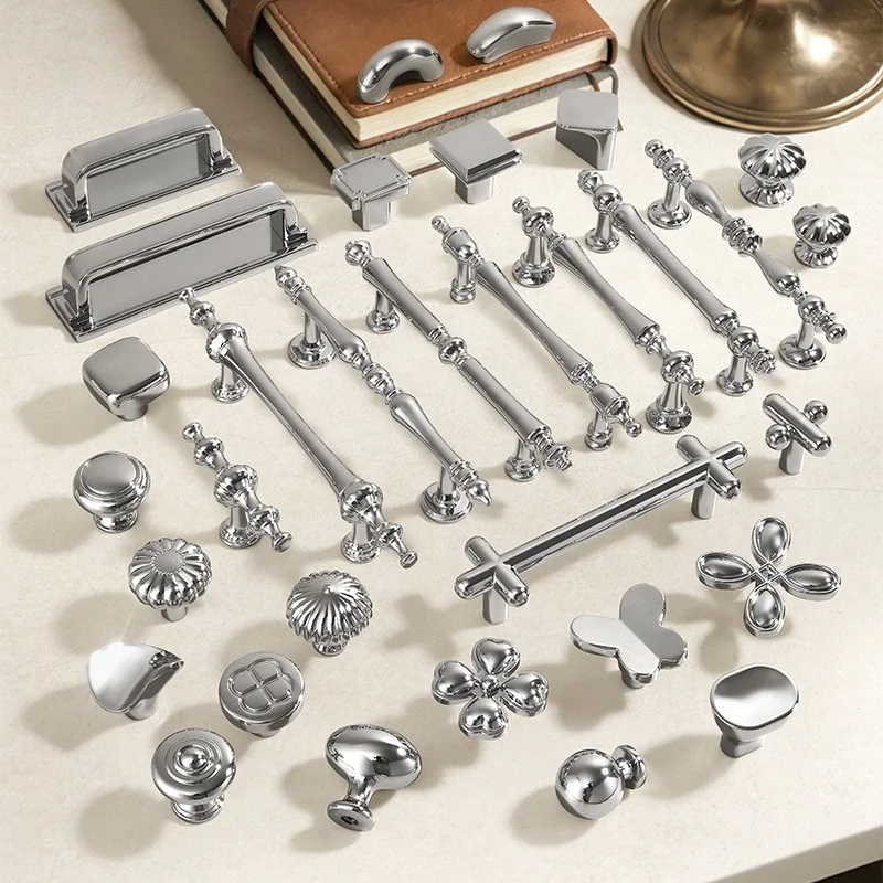 Chrome-plated Kitchen Accessories Cupboard Wardrobe Pulls Drawer Knobs Glossy Silver High-end Cabinet Handles For Furniture