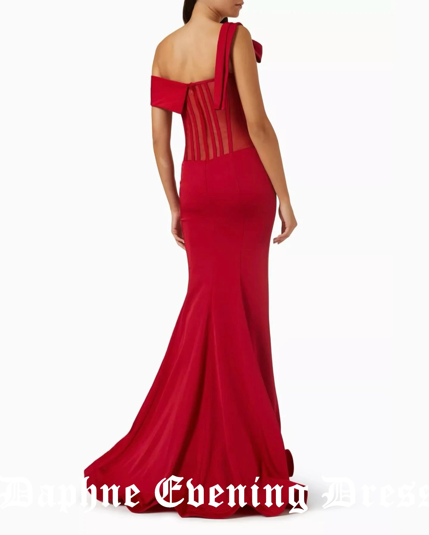 Customized Formal Red Bow Jersey Off the Shoulder Evening Dress Mermaid Sweep Train Zipper Back Sleeveless Strapless Party Gowns