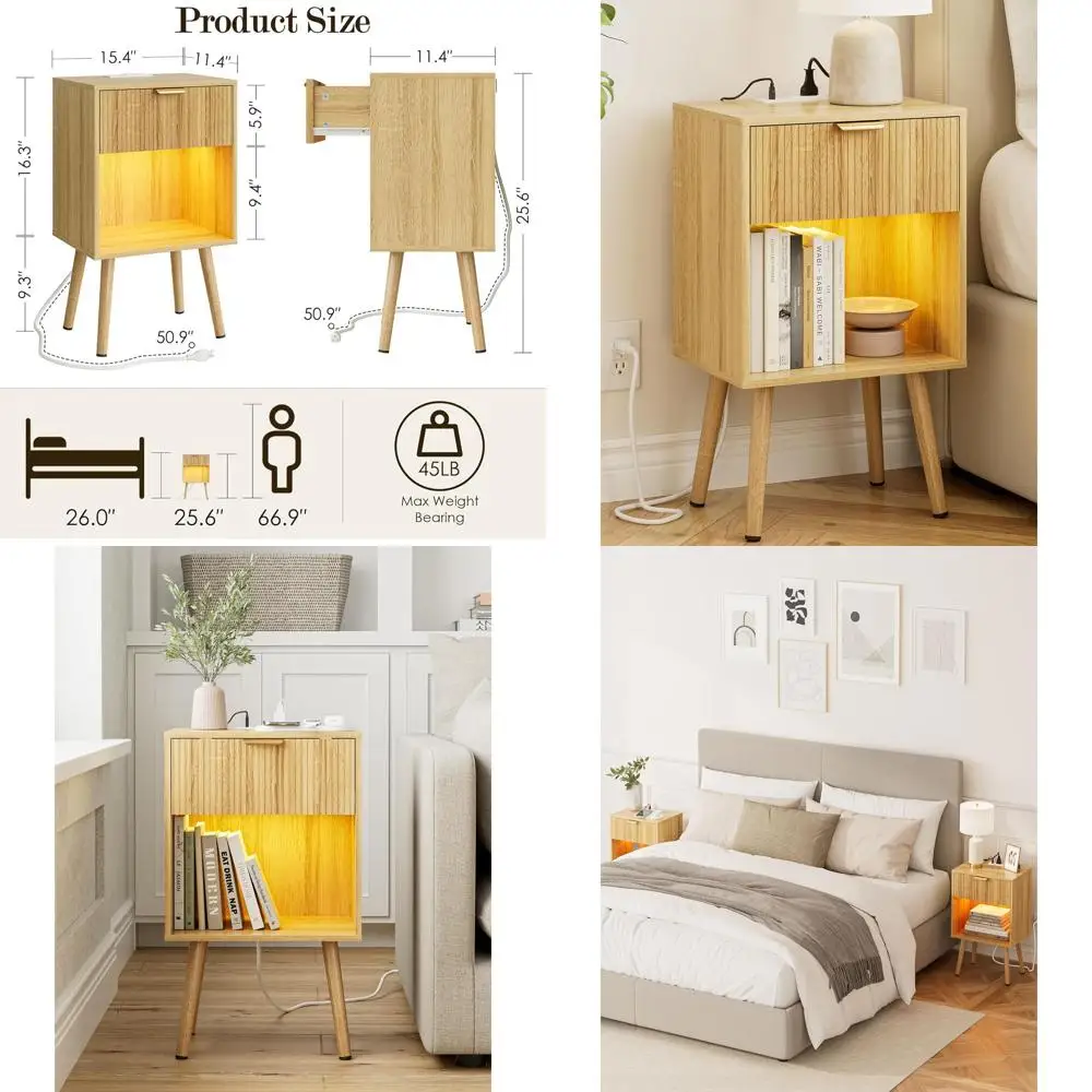 

Oak Nightstand with Storage and Charging Station for Bedroom, Living Room, and Office