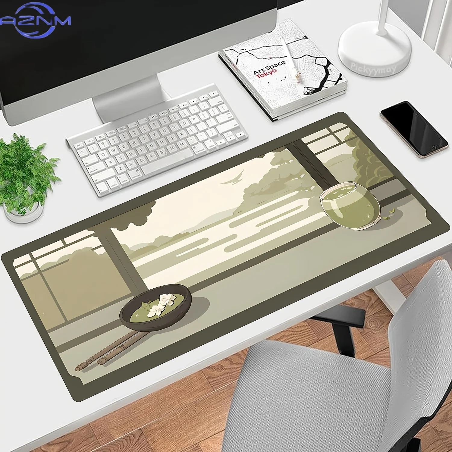 1pc Large Japanese View Matcha Gaming Mouse Pad - Smooth Keyboard Mat with Stitched Edges, Non-Slip Rubber Base, Serene Matcha &