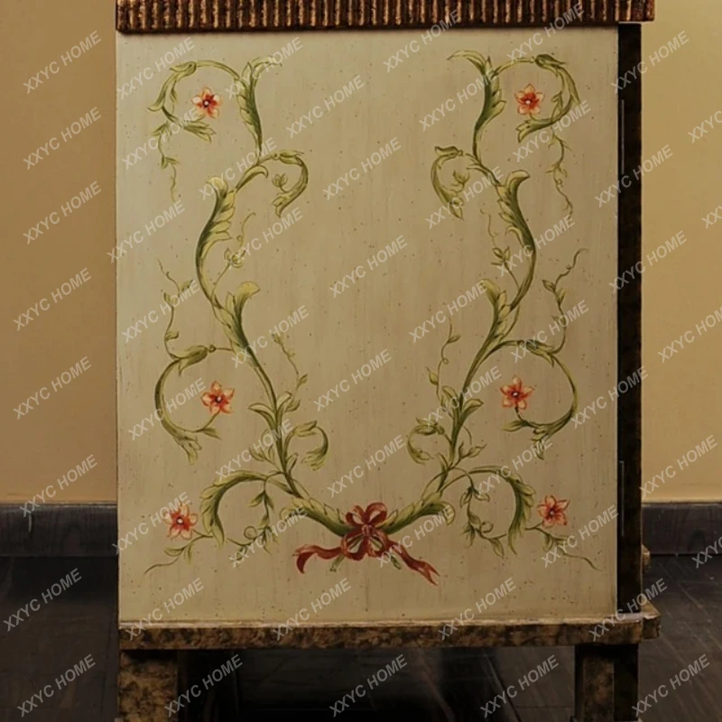 ls 42Retro heavy color hand-painted light yellow flowers and birds old living room large entrance cabinet shrine side chest